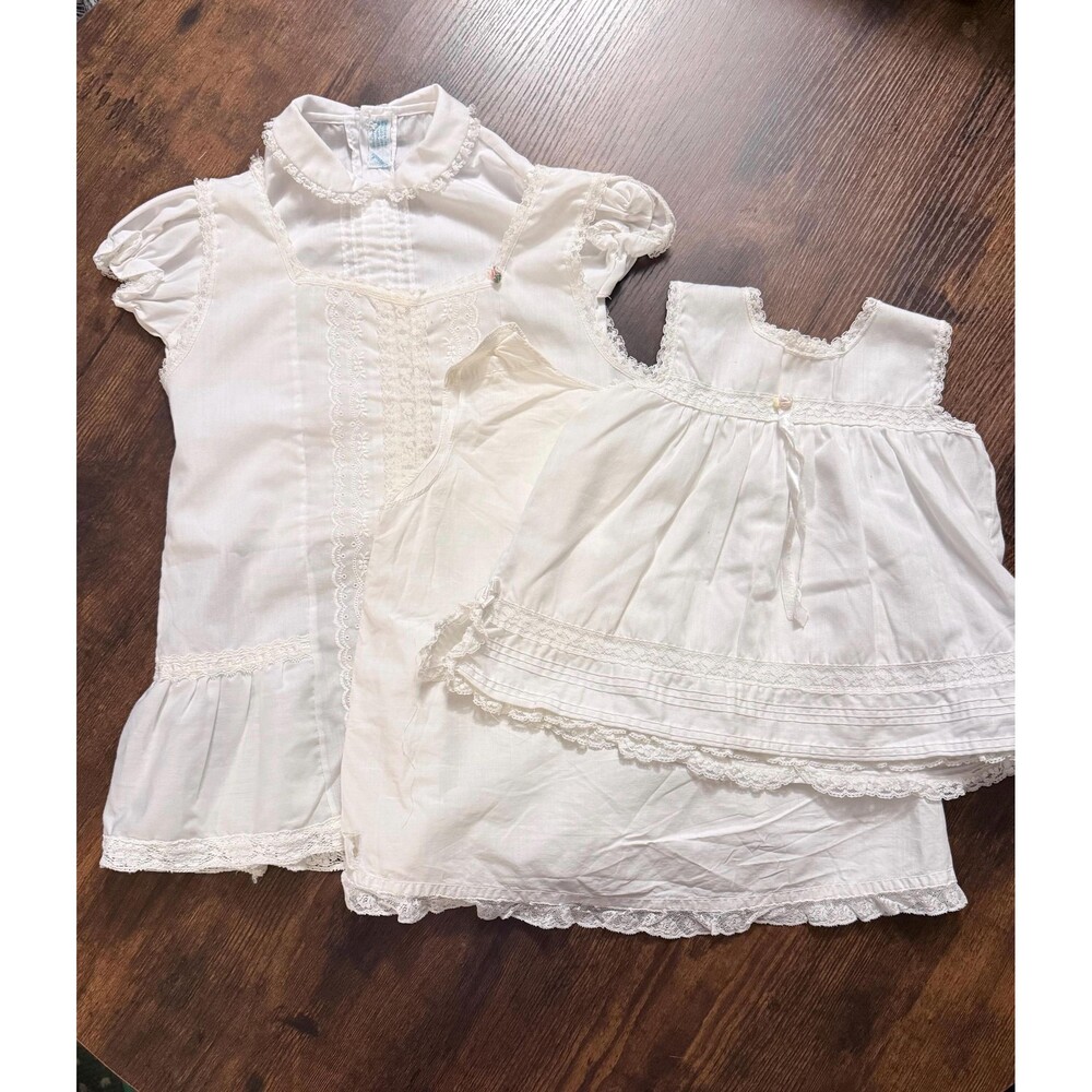 Vintage Phillipines Hand Embroidered Infant White Gown and Slip Set
